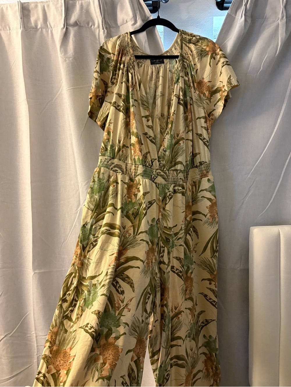 Lane Bryant Cream Floral Jumpsuit with Green & Tan Leaves